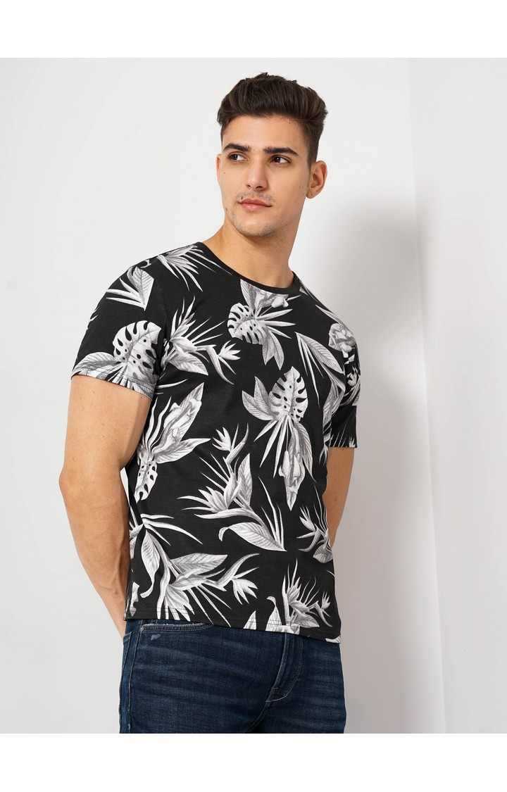 Men's Black Floral Regular T-Shirts