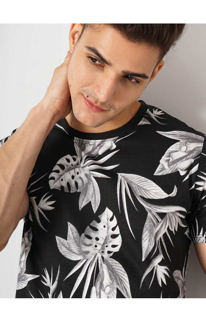 Men's Black Floral Regular T-Shirts