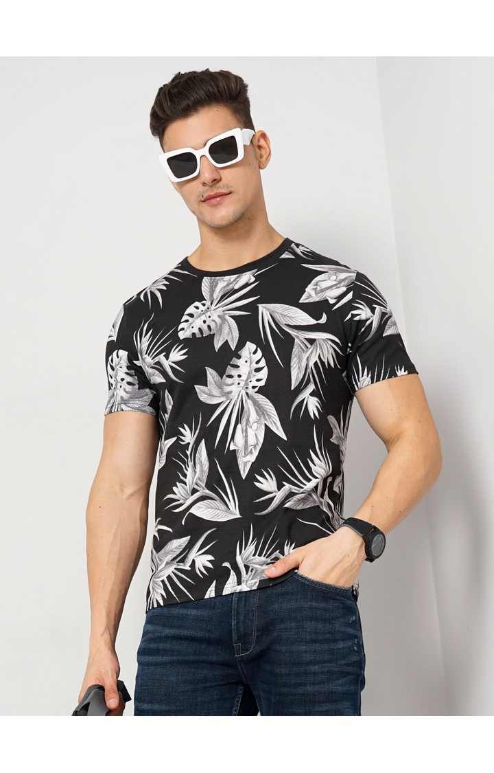 Men's Black Floral Regular T-Shirts