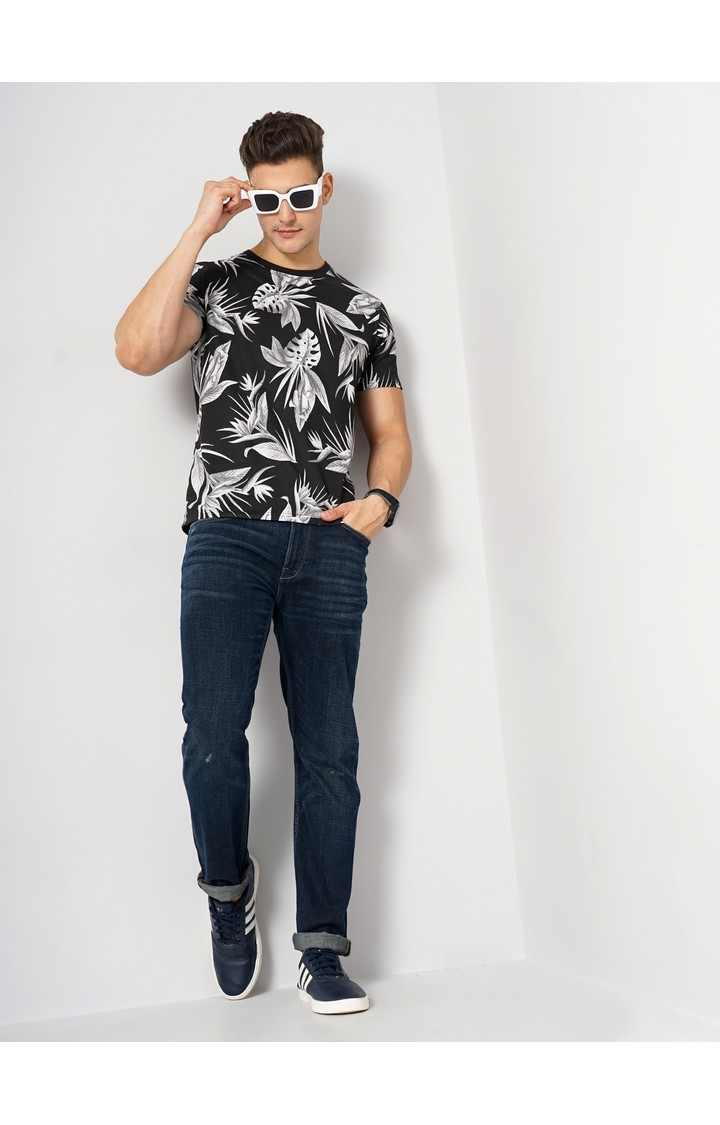 Men's Black Floral Regular T-Shirts