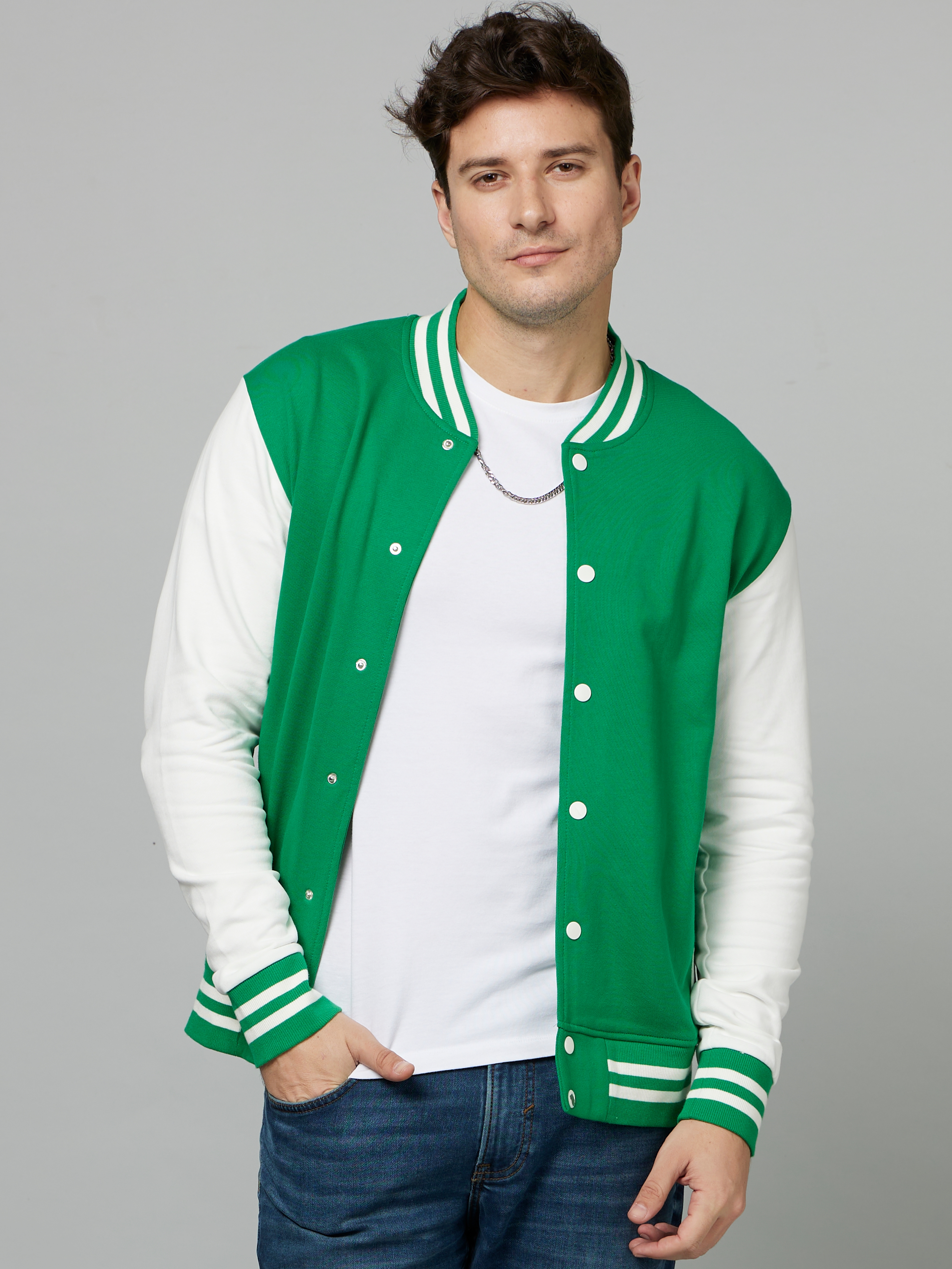 celio | Men's Green Colourblock Varsity Jackets