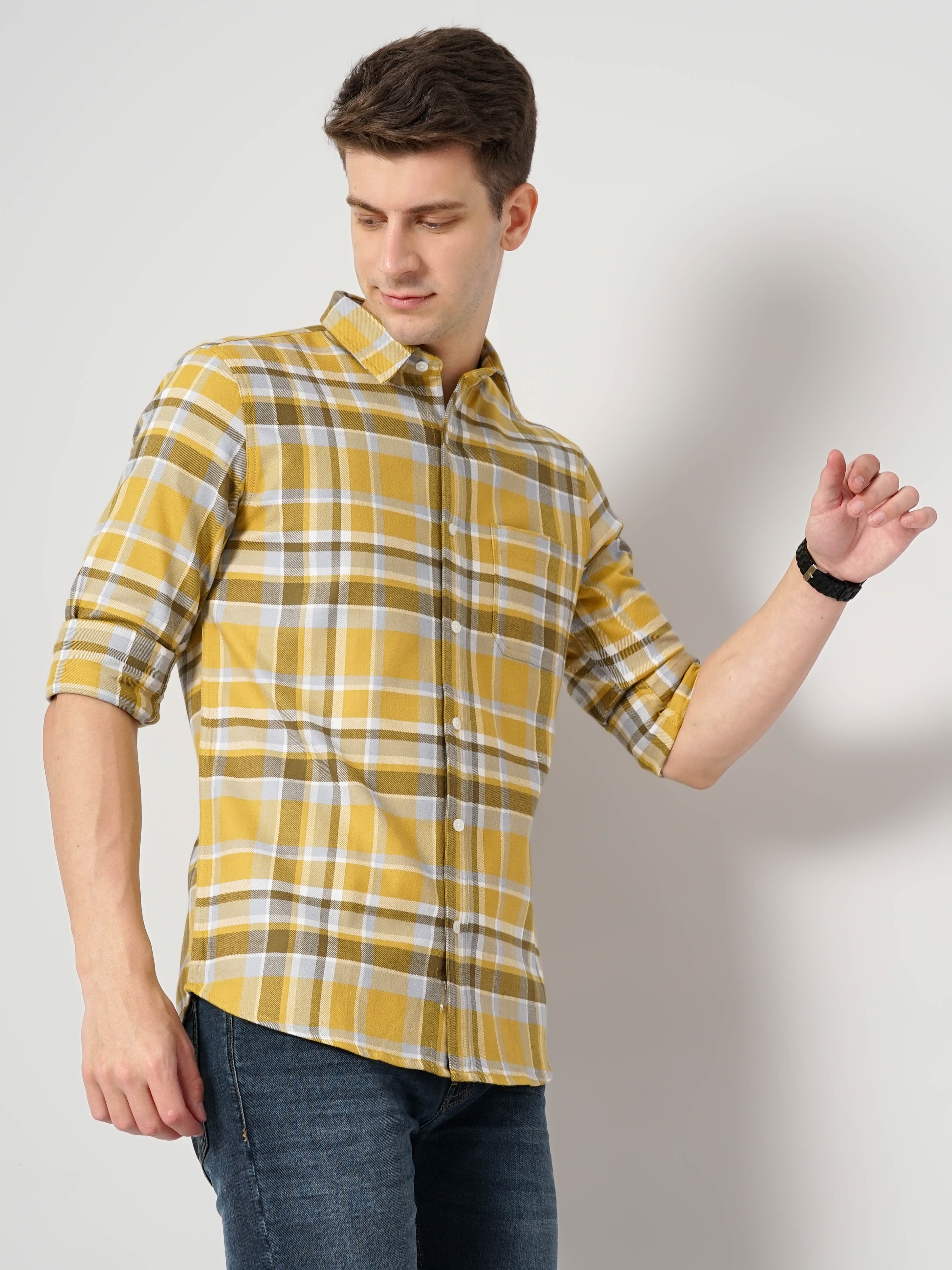 Men's Yellow Checked Casual Shirts