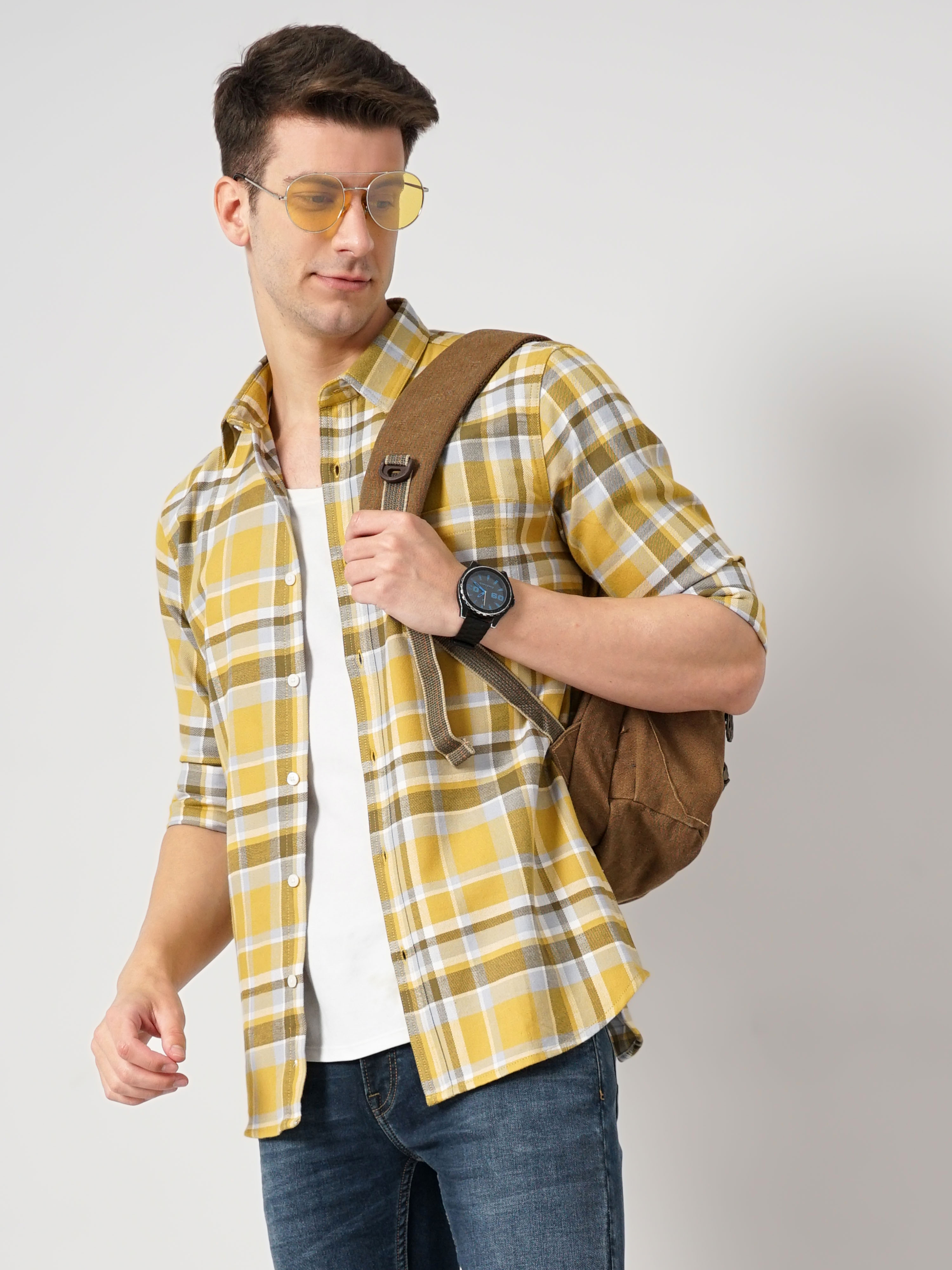 Men's Yellow Checked Casual Shirts