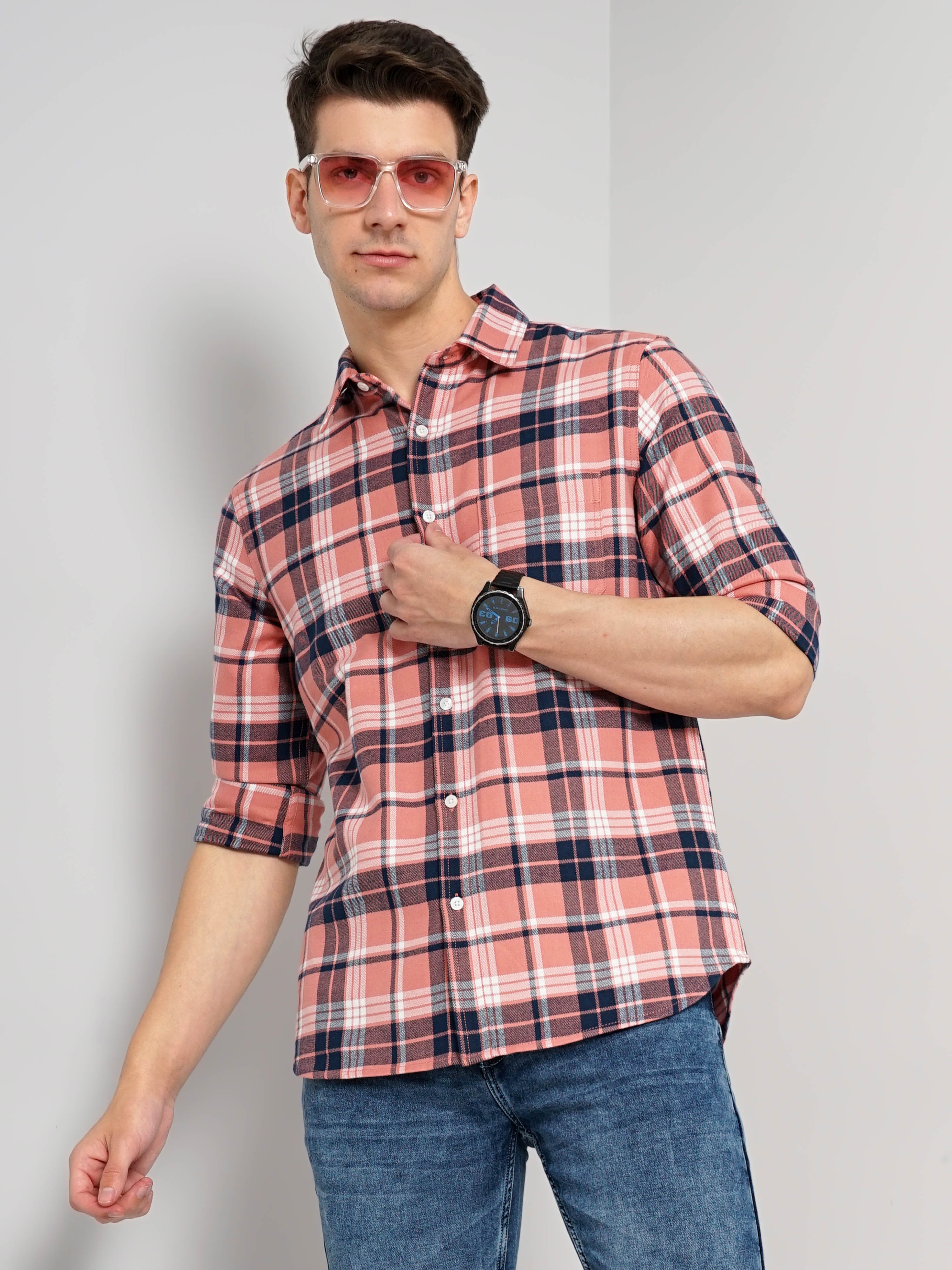 celio | Men's Pink Checked Casual Shirts