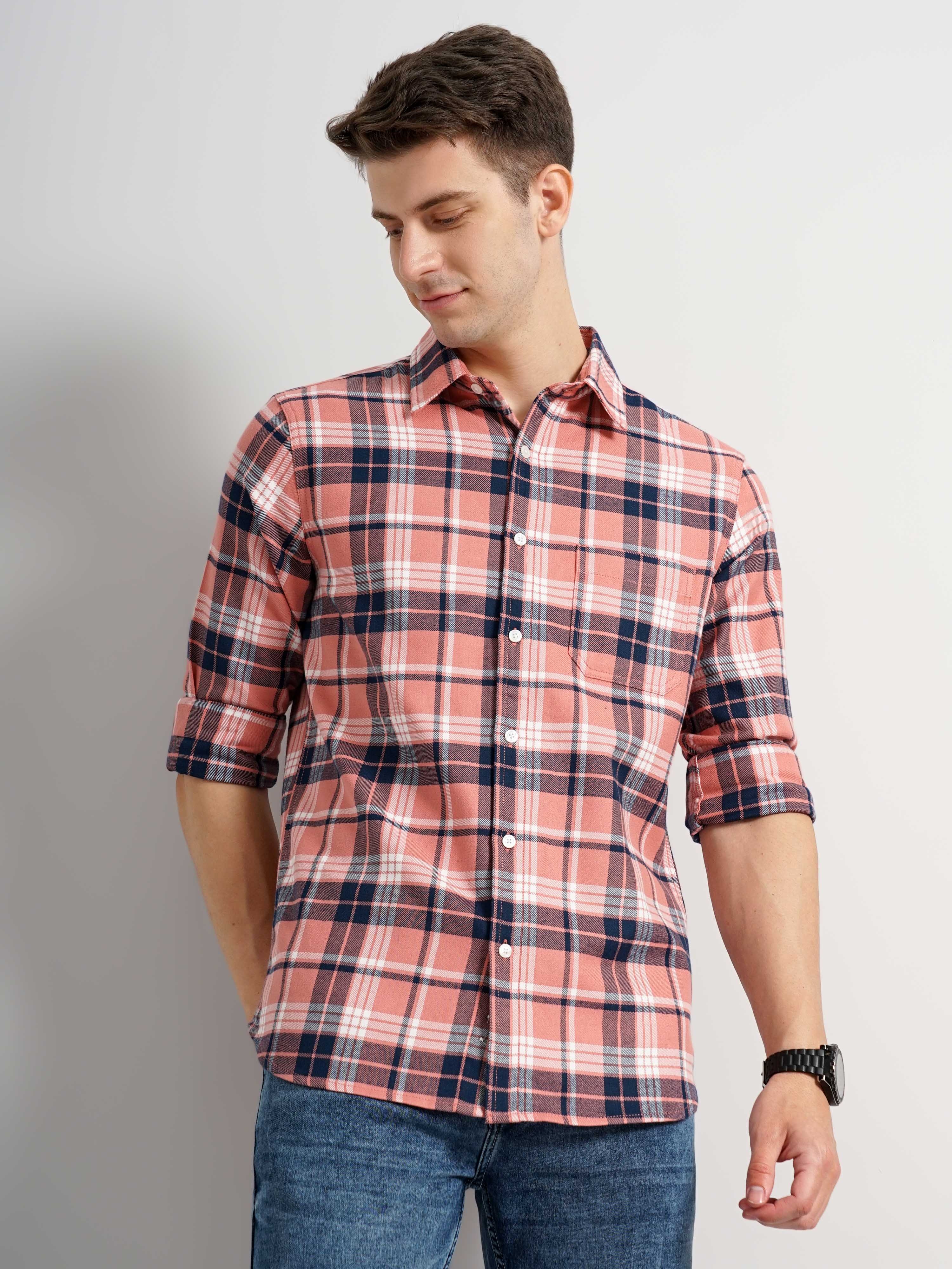 Men's Pink Checked Casual Shirts