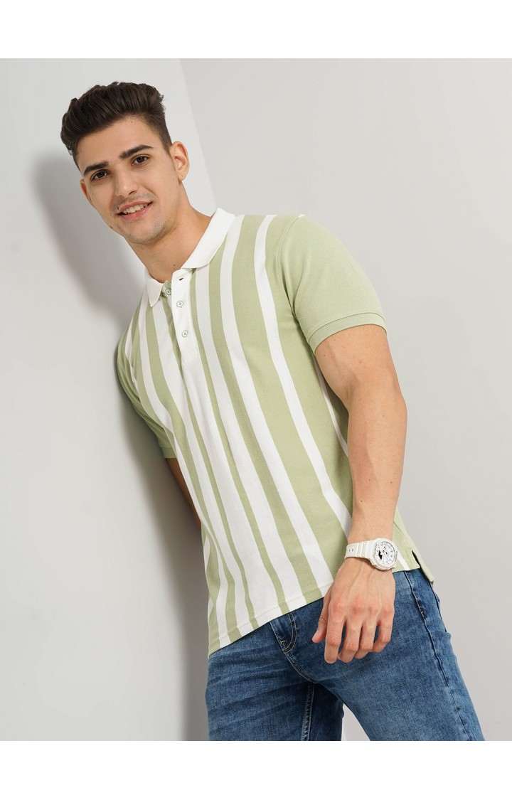 Men's Green Striped Polos