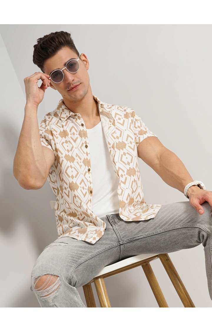 Men's Beige Printed Casual Shirts