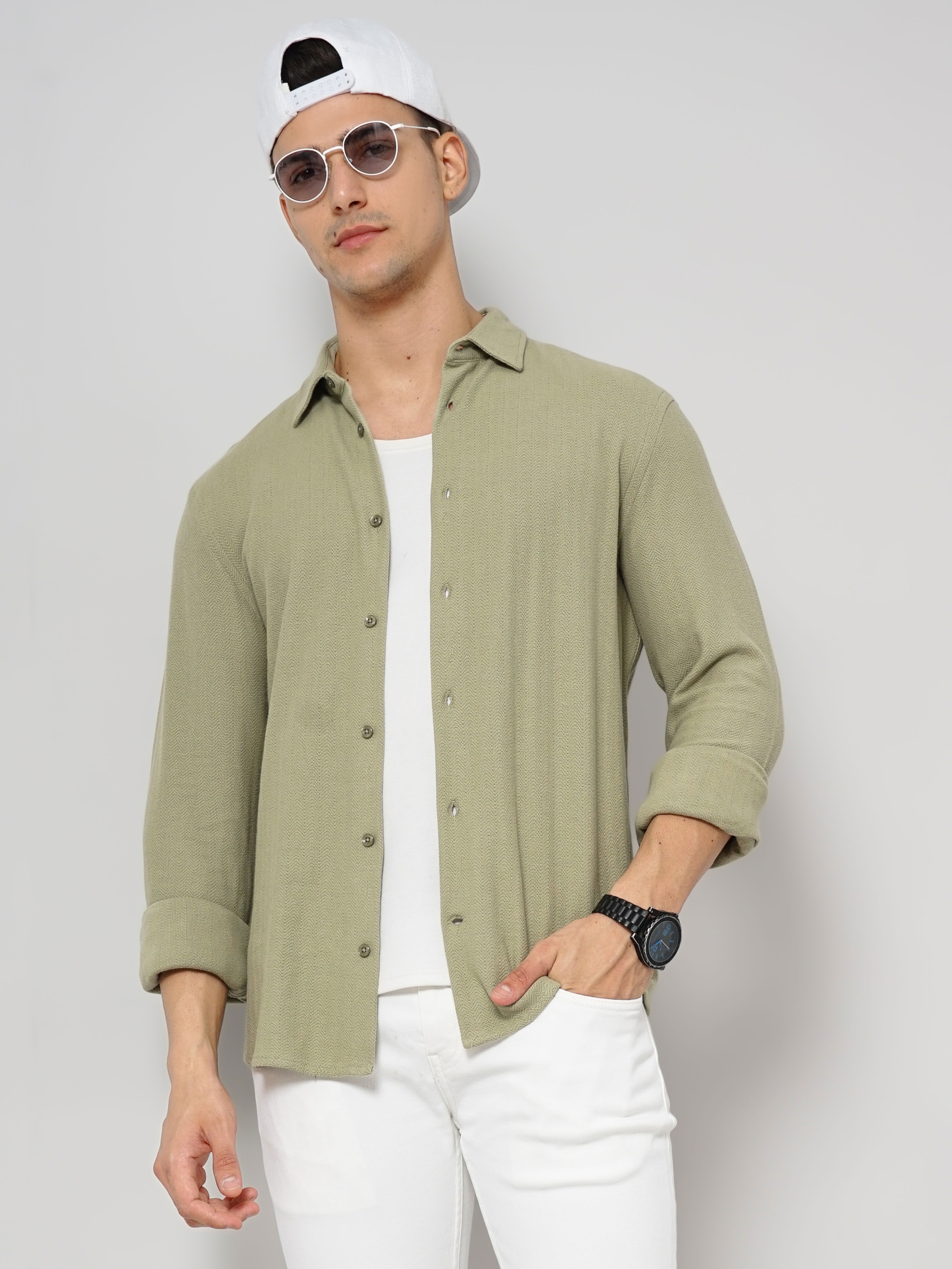 celio | Men's Green Solid Casual Shirts