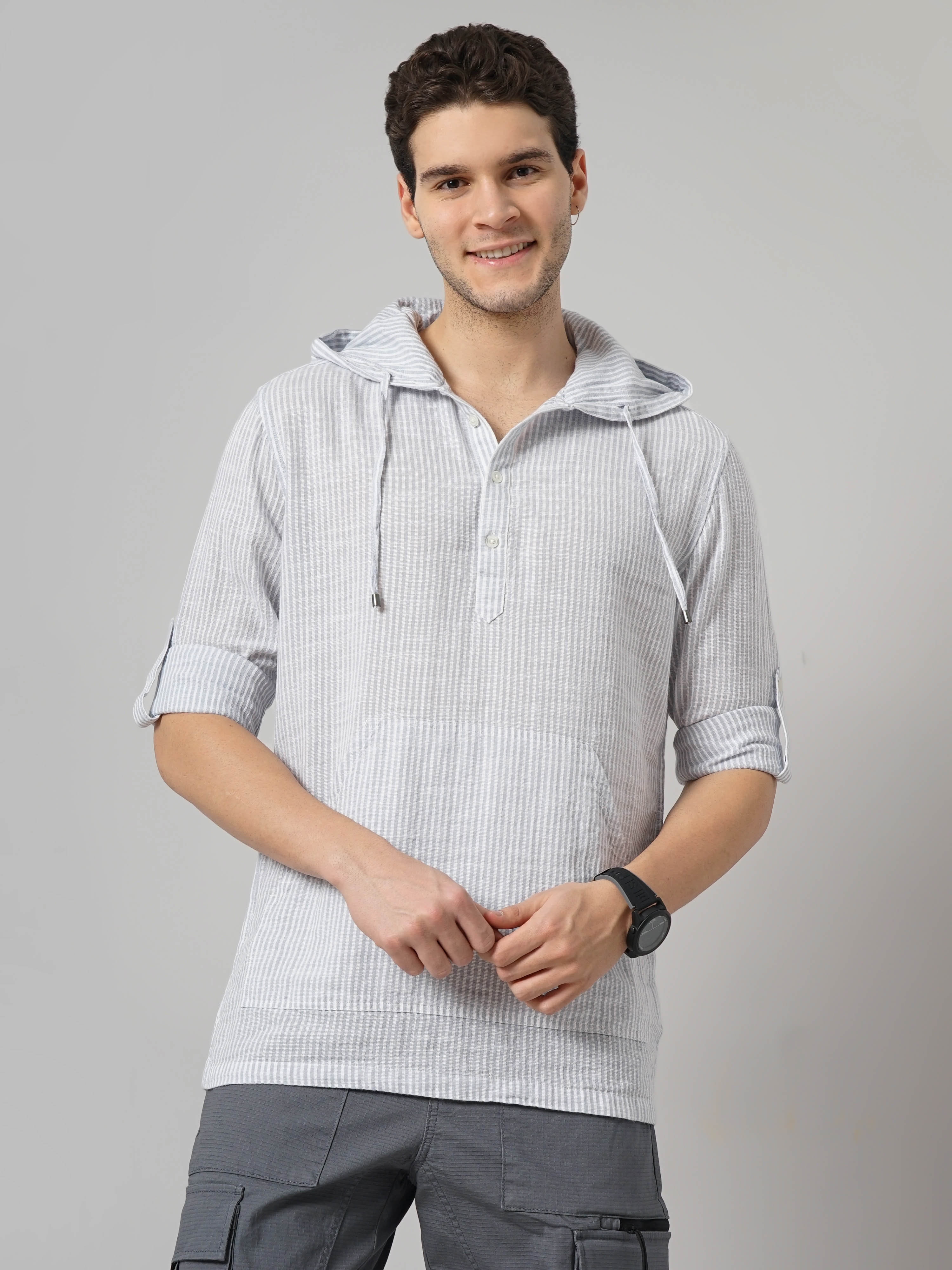 Celio Men Grey Striped Regular Fit Cotton Casual Shirt