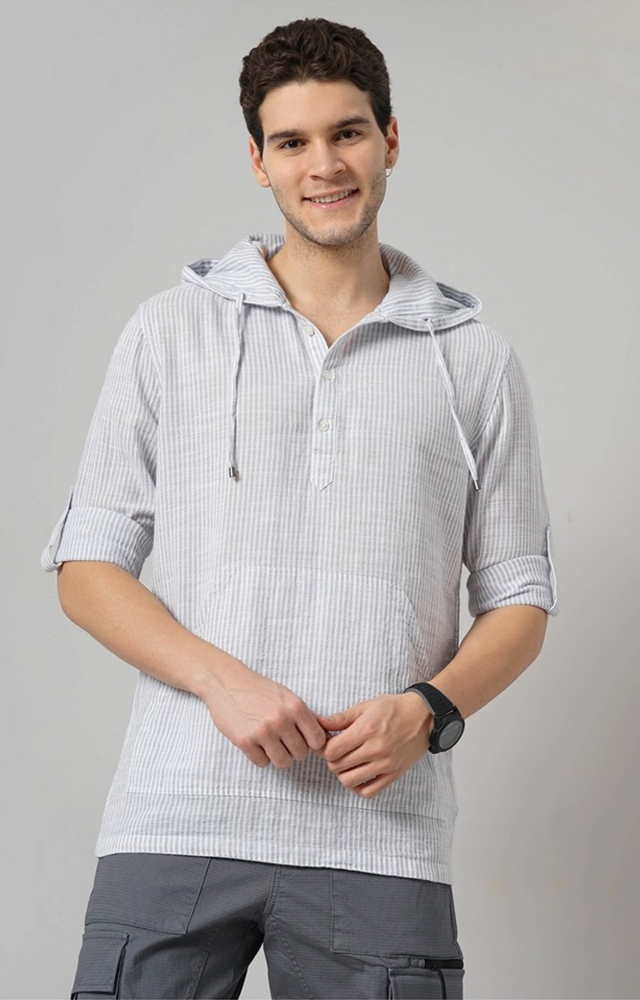 celio | Celio Men Grey Striped Regular Fit Cotton Casual Shirt