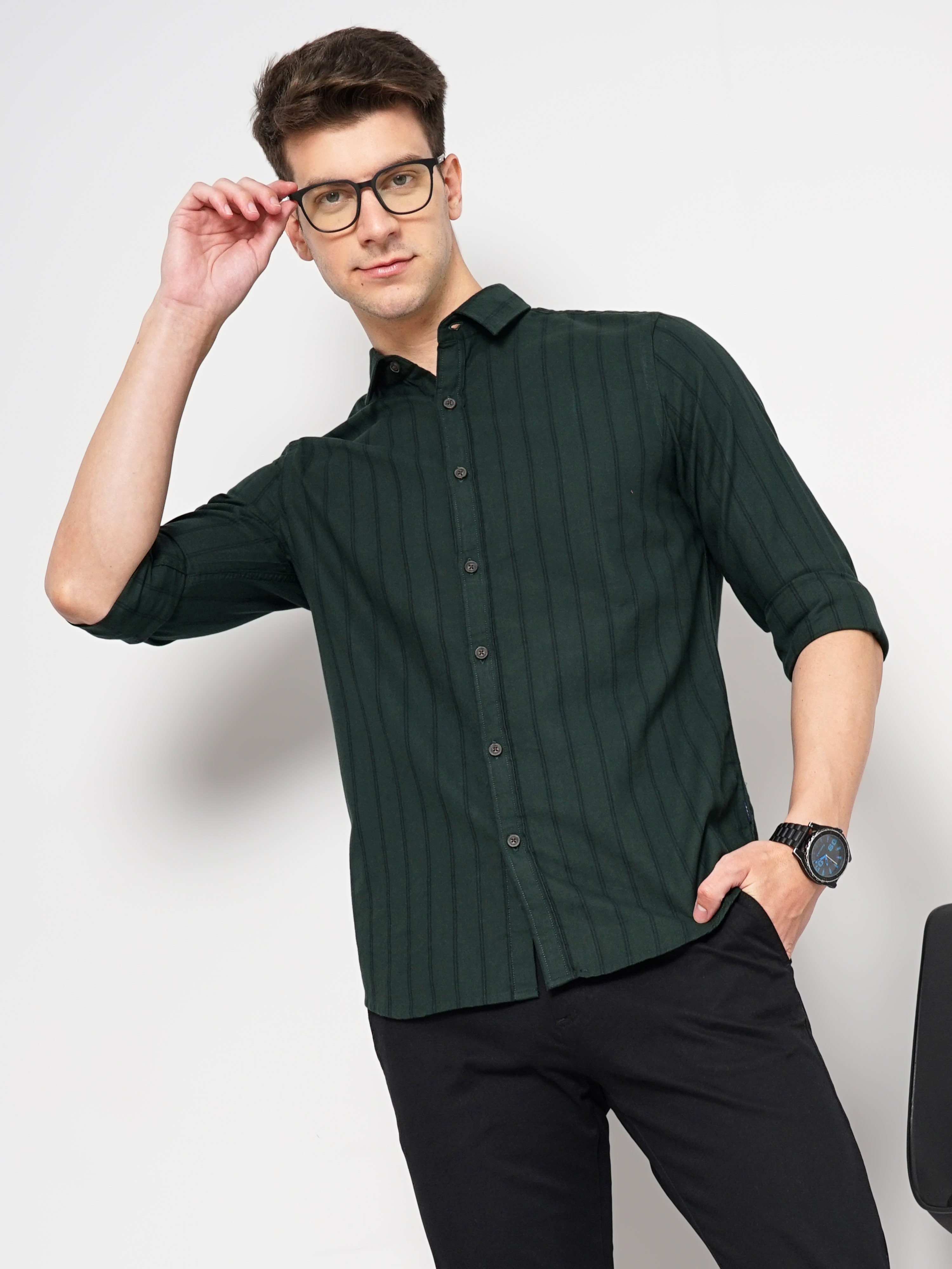 celio | Men's Green Striped Casual Shirts