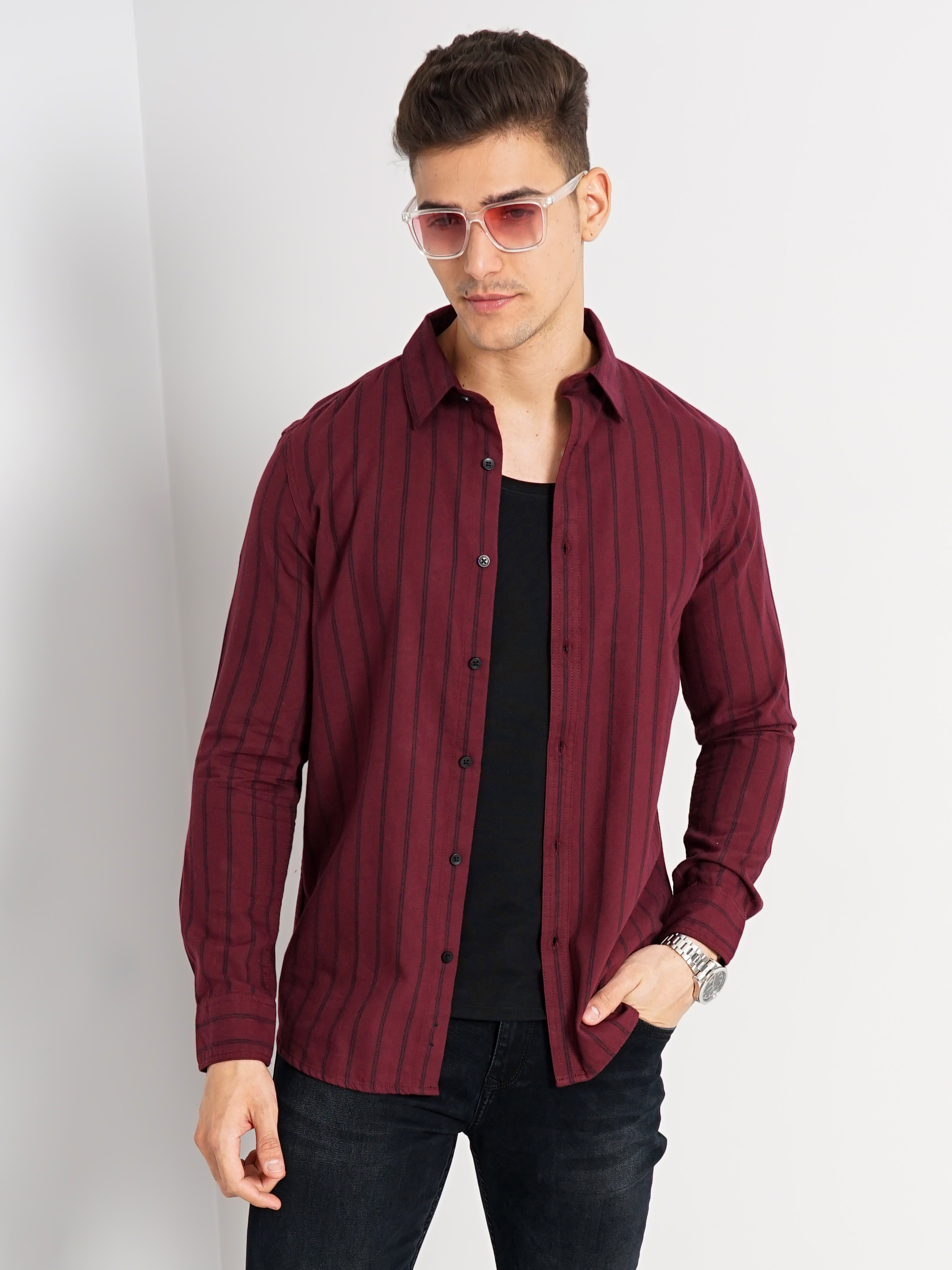 celio | Men's Red Striped Casual Shirts