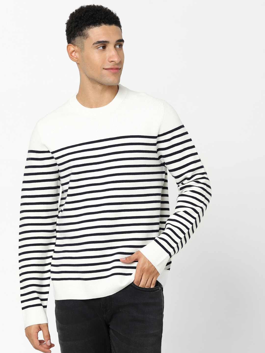 celio | Men's White Striped Sweaters