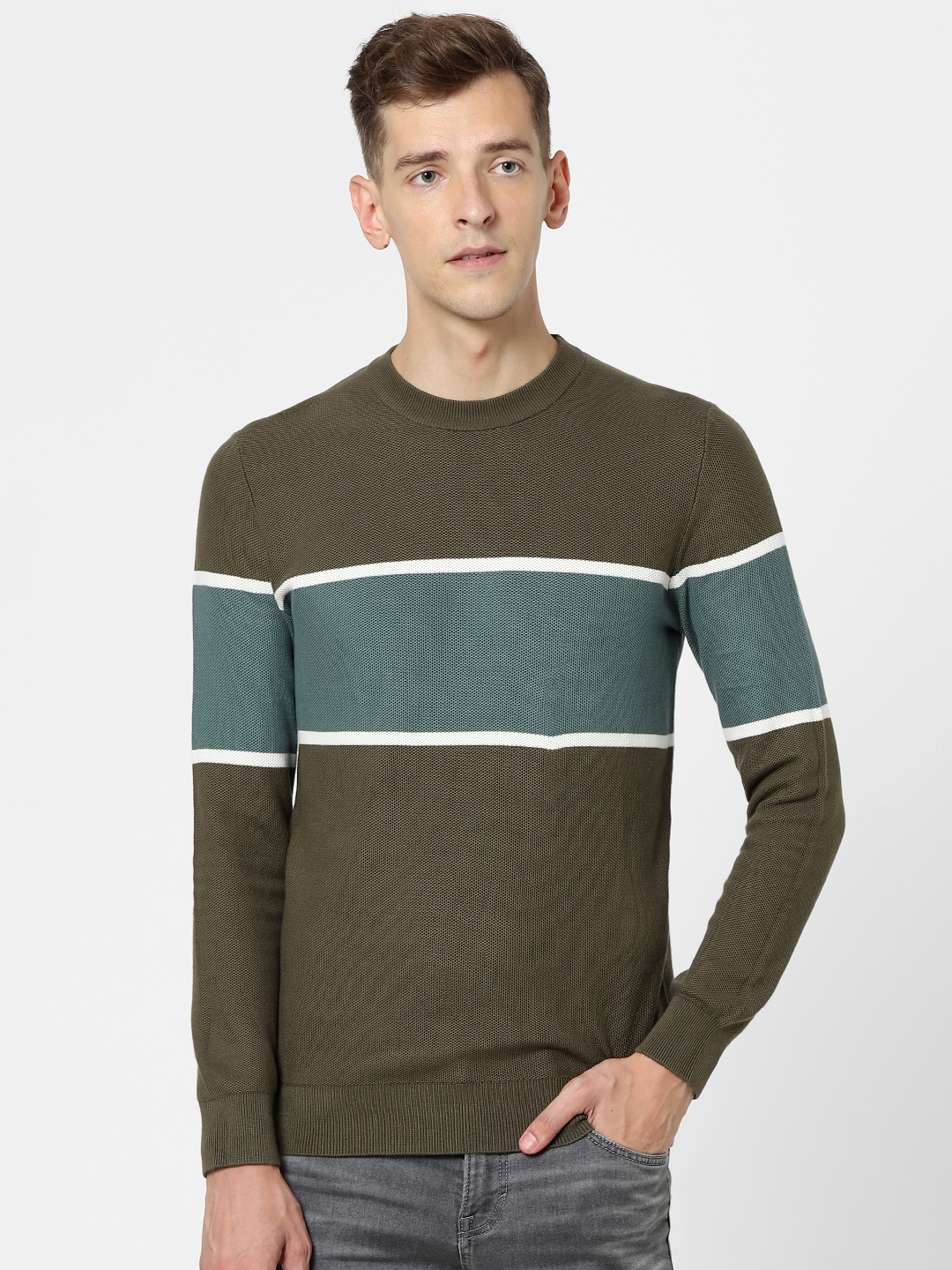 celio | Men's Khaki Colourblock Sweaters