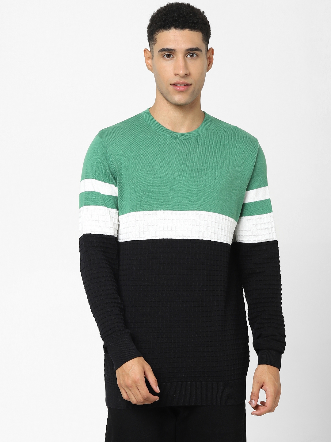 celio | Men's Green Colourblock Sweaters