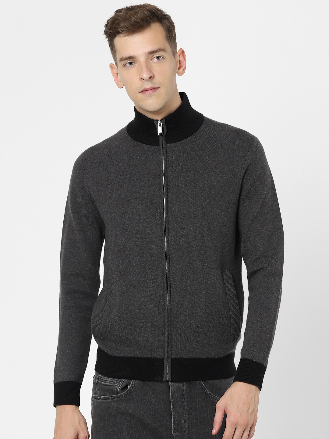 celio | Men's Grey Solid Sweaters