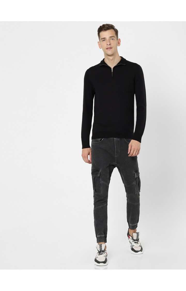 Men's Black Solid Sweaters