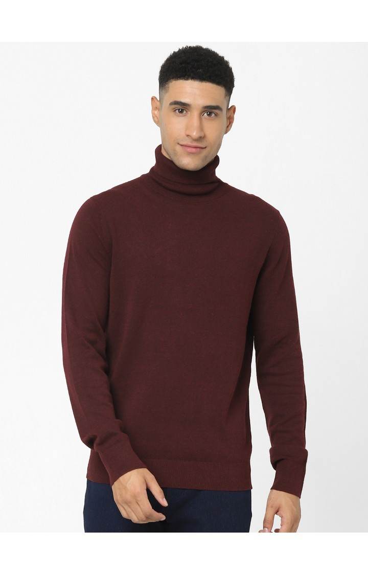 Men's Burgundy Solid Sweaters