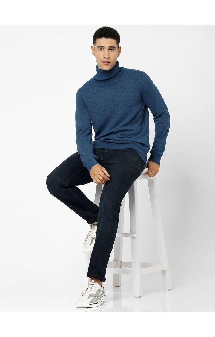 Men's Blue Solid Sweaters