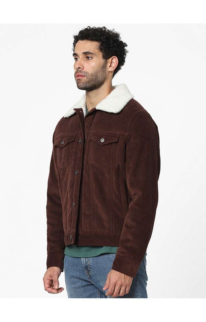 Men's Burgundy Solid Denim Jackets