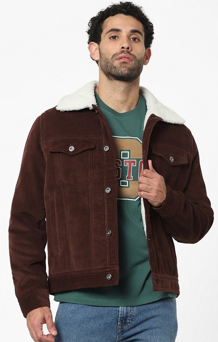 Men's Burgundy Solid Denim Jackets