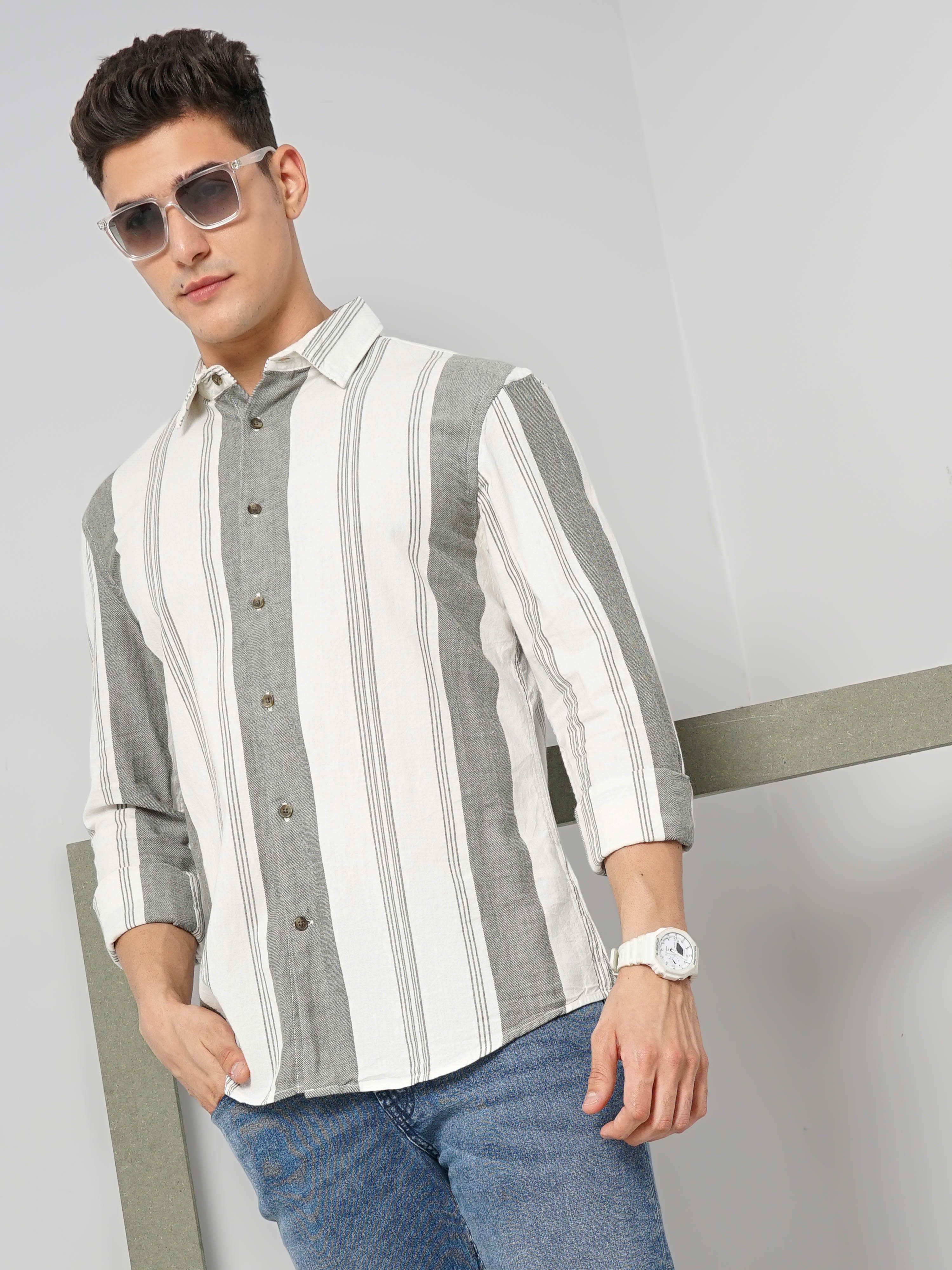 Celio Men's Vertical-Stripes Cream Full Sleeve Linen Shirt