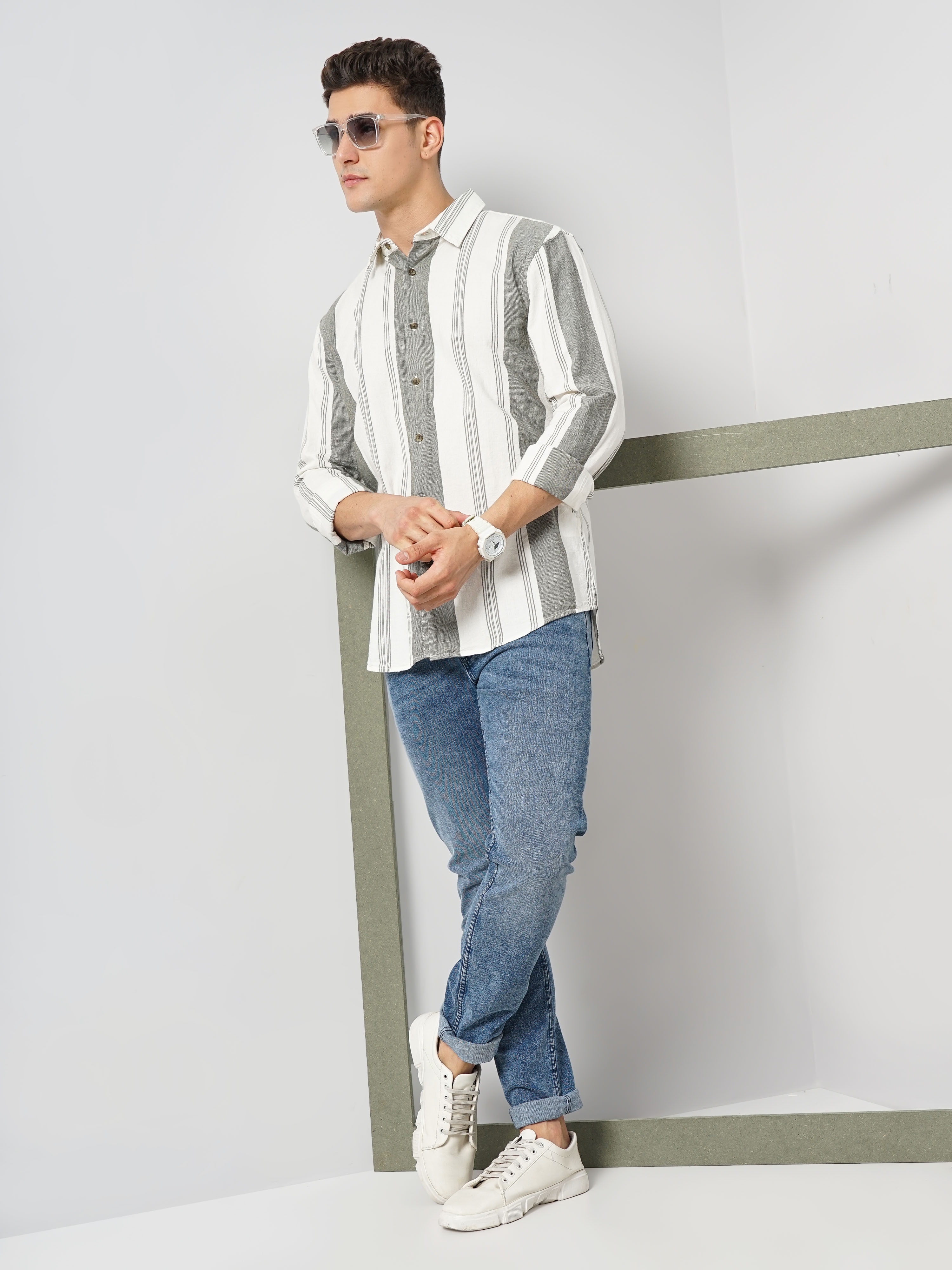 Celio Men's Vertical-Stripes Cream Full Sleeve Linen Shirt