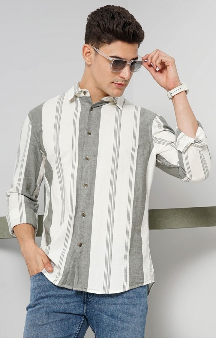 celio | Celio Men's Vertical-Stripes Cream Full Sleeve Linen Shirt