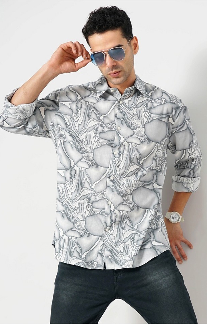 celio | Celio Men Grey Printed Regular Fit Cotton Fashion Casual Shirt