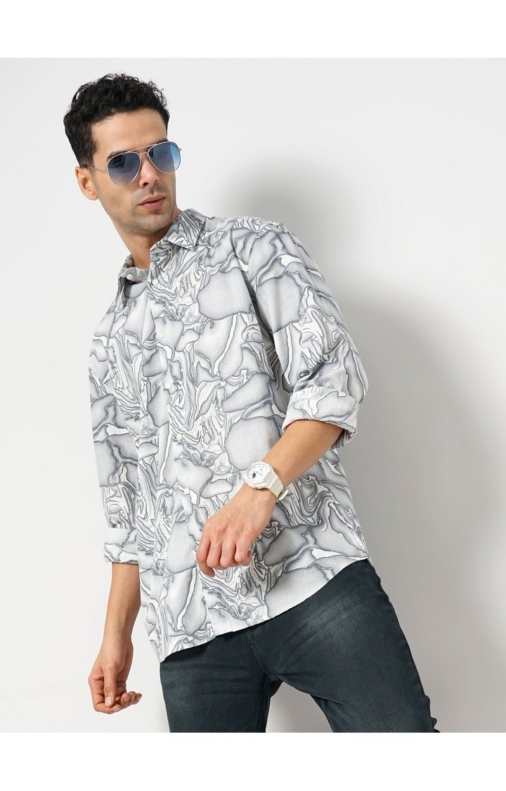 Celio Men Grey Printed Regular Fit Cotton Fashion Casual Shirt