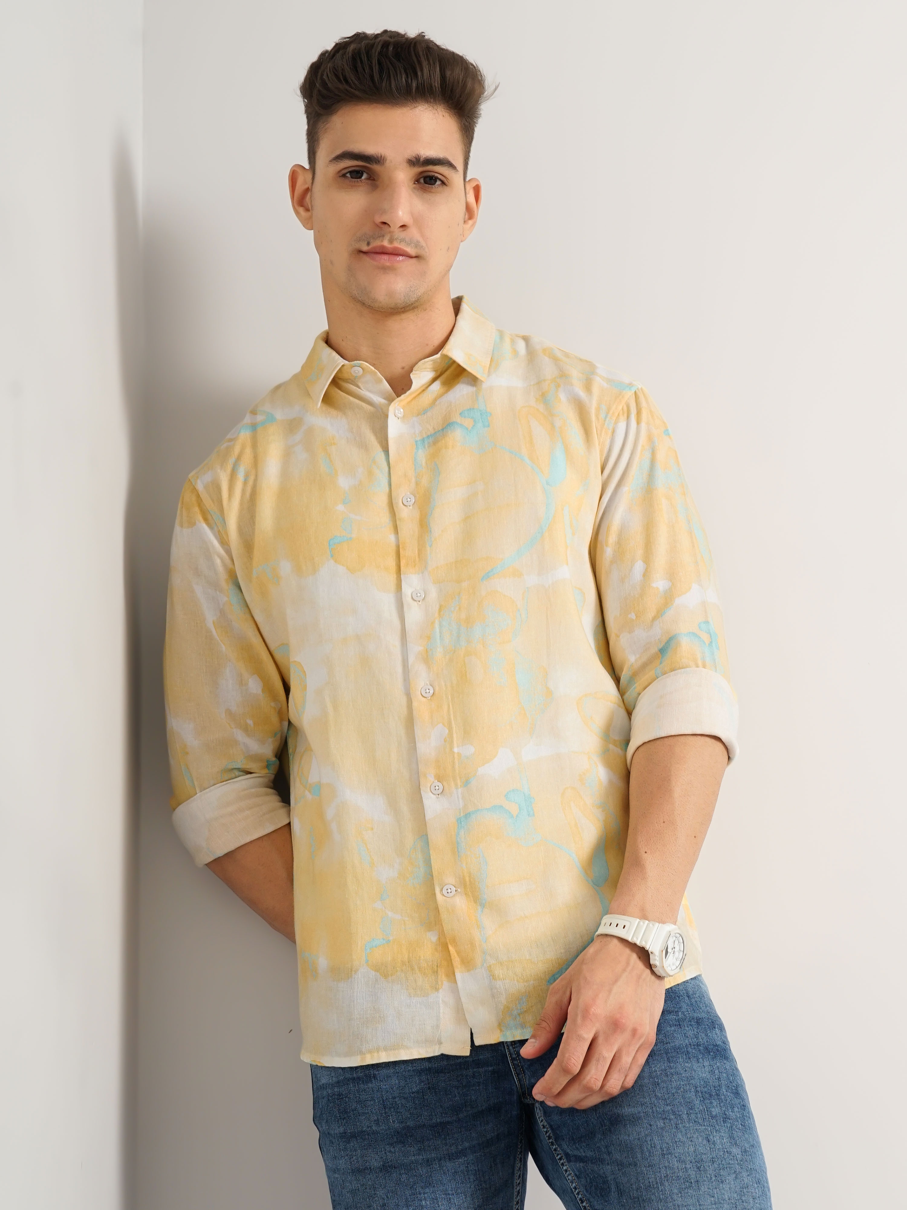 Men's Yellow Printed Casual Shirts
