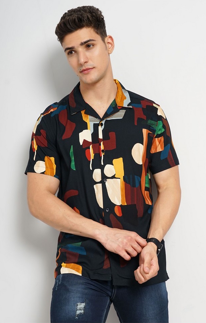 celio | Celio Men's Abstract Black Half Sleeve Soft Touch Shirt