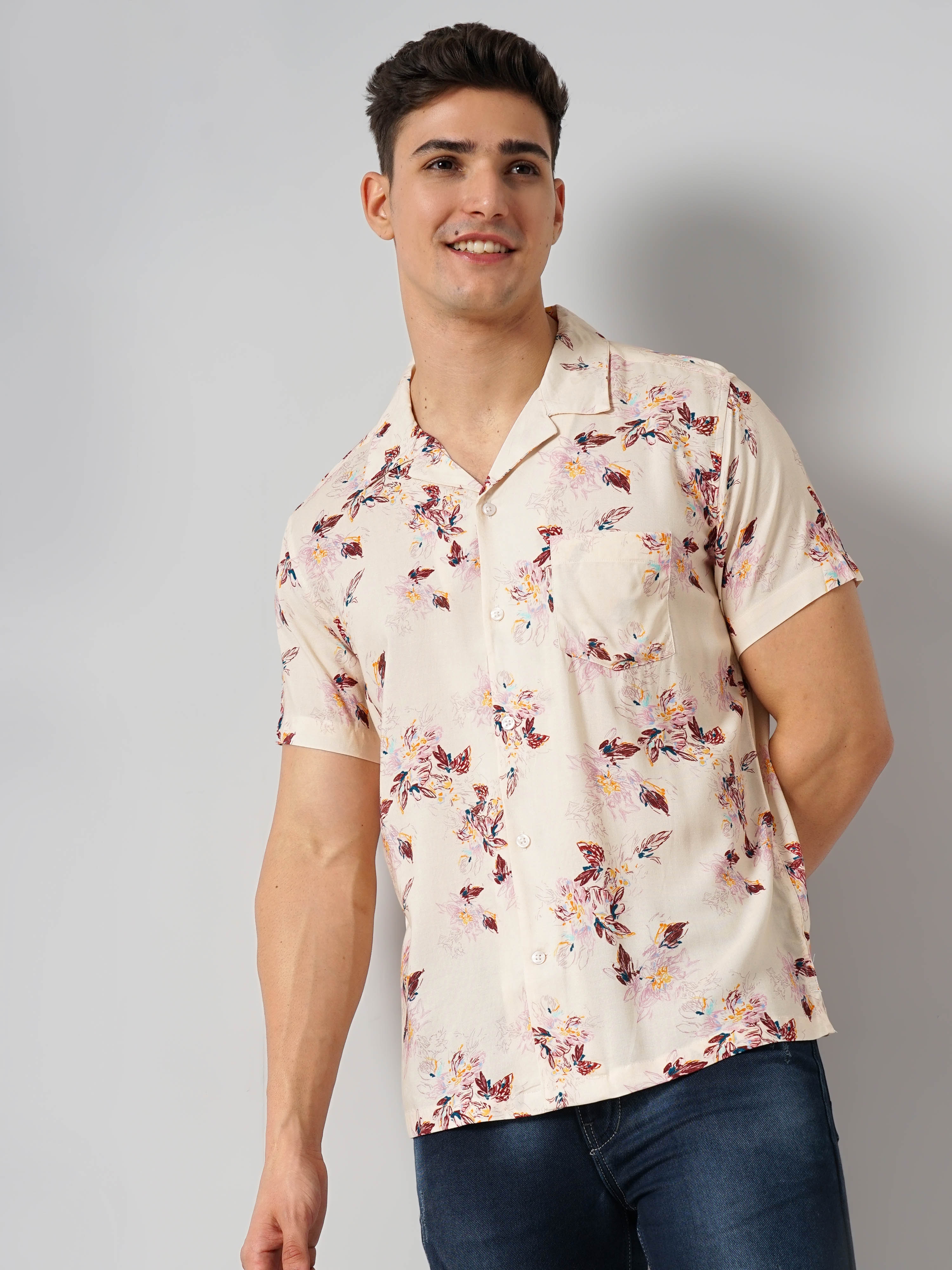 Celio Men's Floral Beige Half Sleeve Soft Touch Shirt