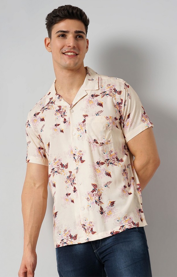 celio | Celio Men's Floral Beige Half Sleeve Soft Touch Shirt