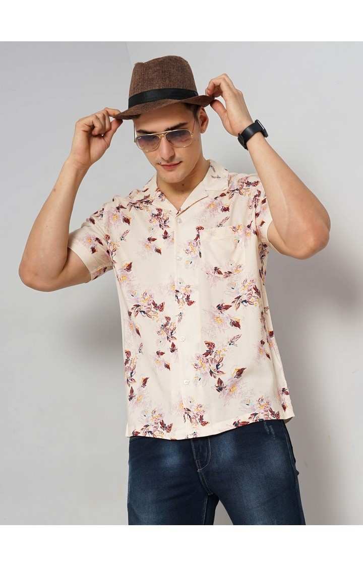 Celio Men's Floral Beige Half Sleeve Soft Touch Shirt