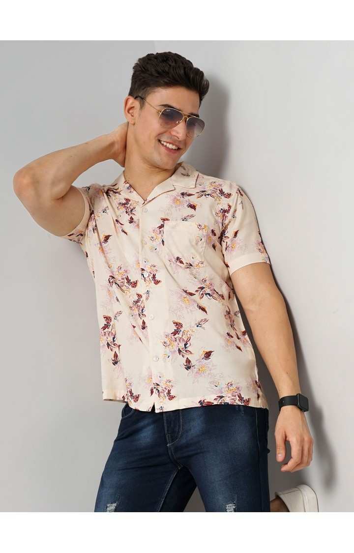 Celio Men's Floral Beige Half Sleeve Soft Touch Shirt