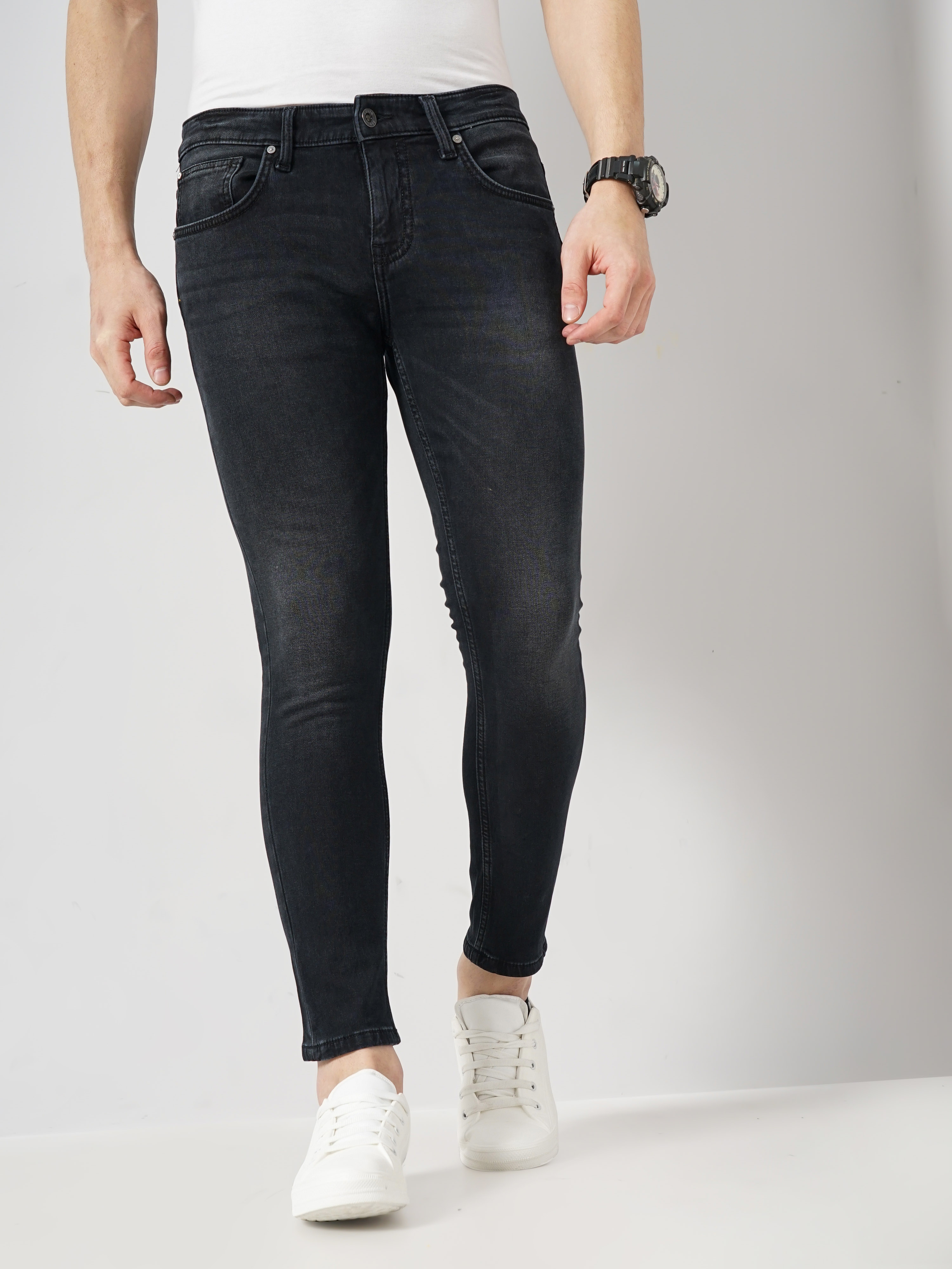 Celio Men's Solid Black Cotton Ankle Length Jeans