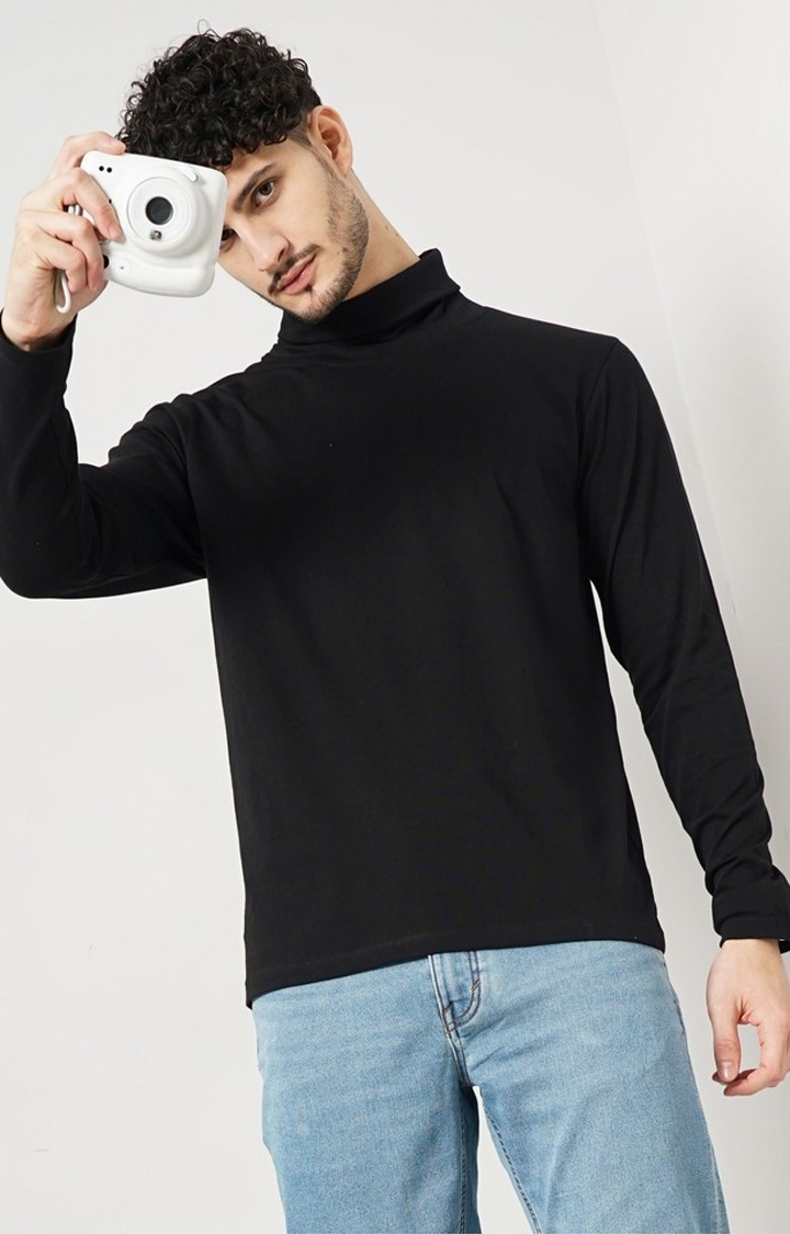 celio | Celio Men's Solid Black Full Sleeve Turtle Neck Fashion Tshirt