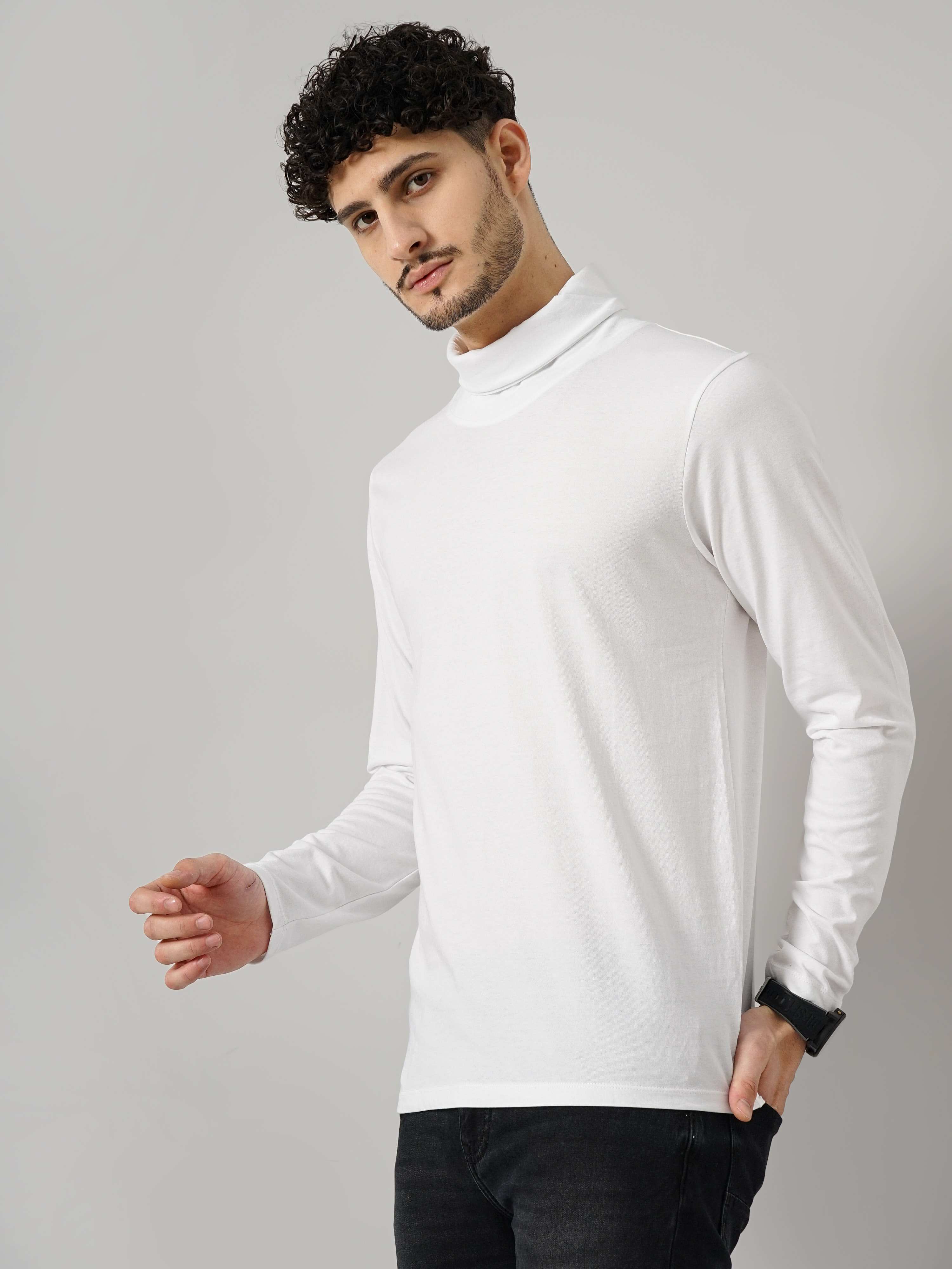 Celio Men's Solid White Full Sleeve Turtle Neck Fashion Tshirt