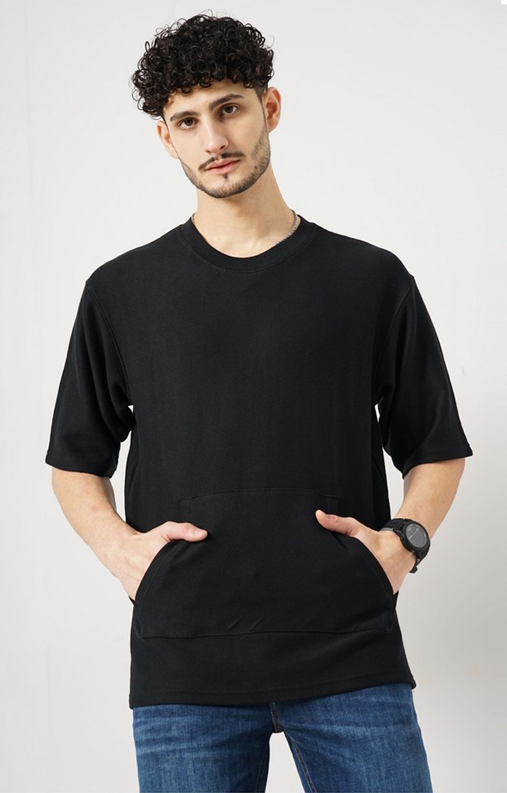 celio | Celio Men's Solid Black Half Sleeve Round Neck Structured Tshirt