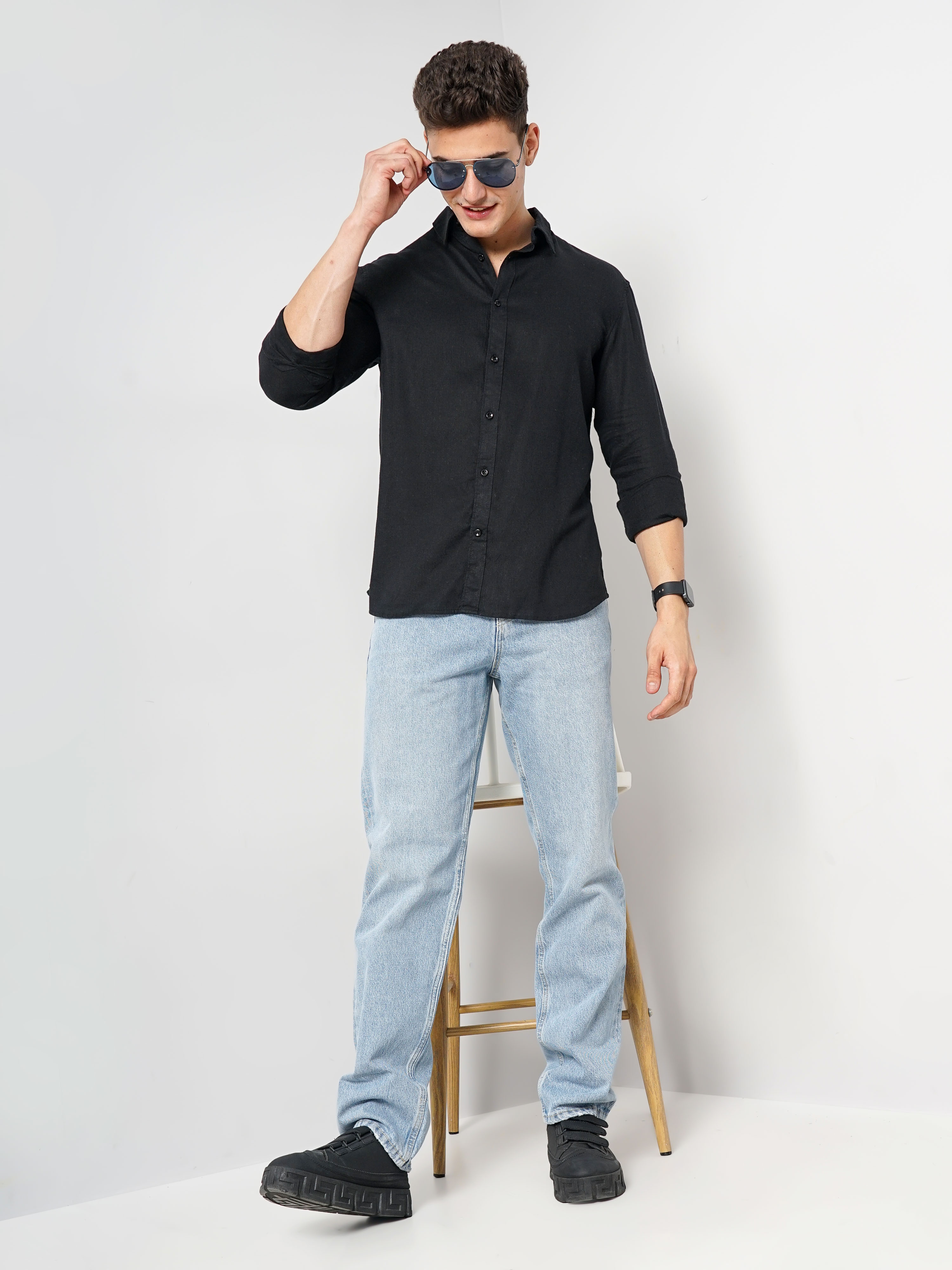 Celio Men's Solid Black Full Sleeve Linen Shirt