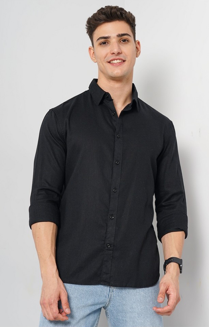 celio | Celio Men's Solid Black Full Sleeve Linen Shirt