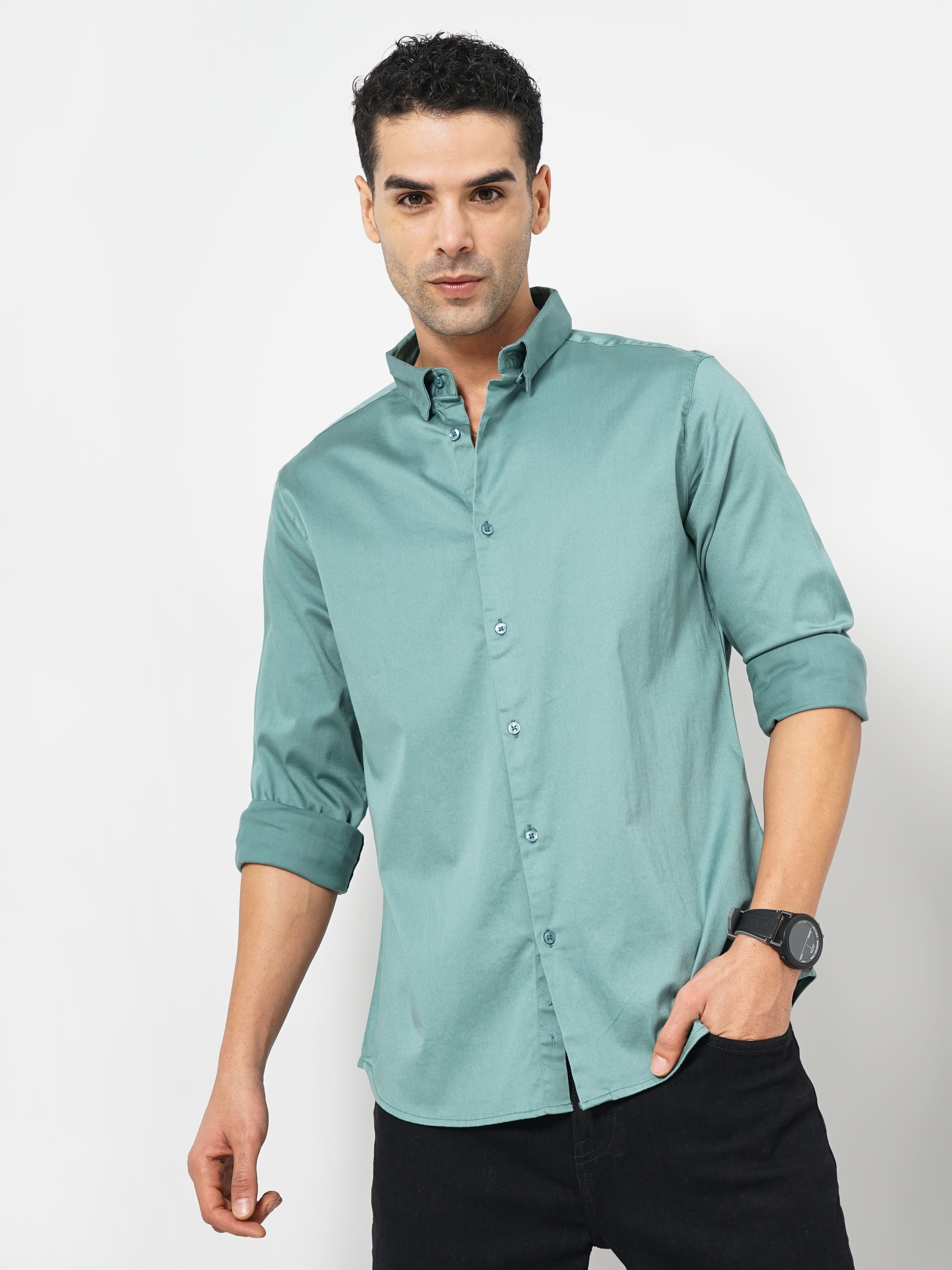 celio | Celio Men Green Solid Slim Fit Cotton Shirt