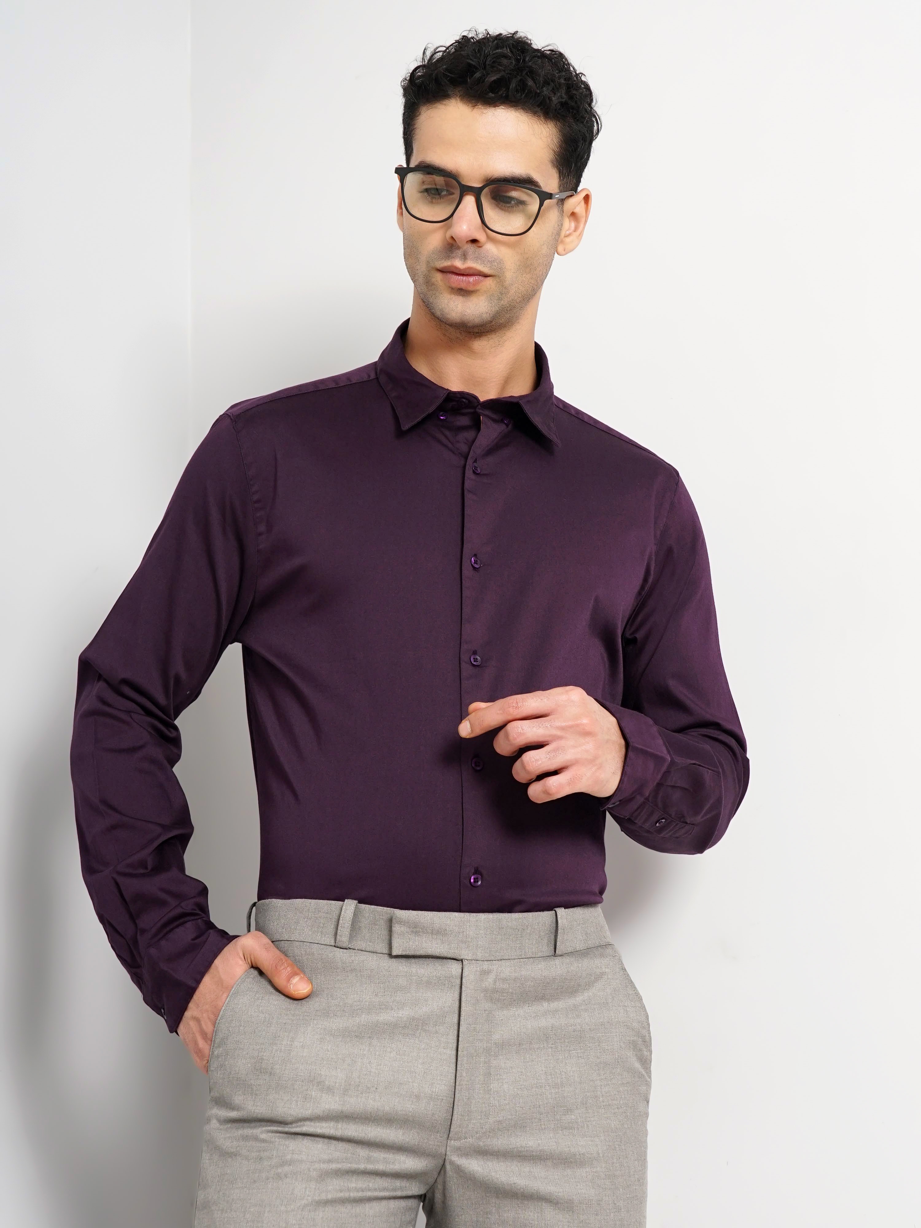 Celio Men Purple Solid Slim Fit Cotton Formal Shirt