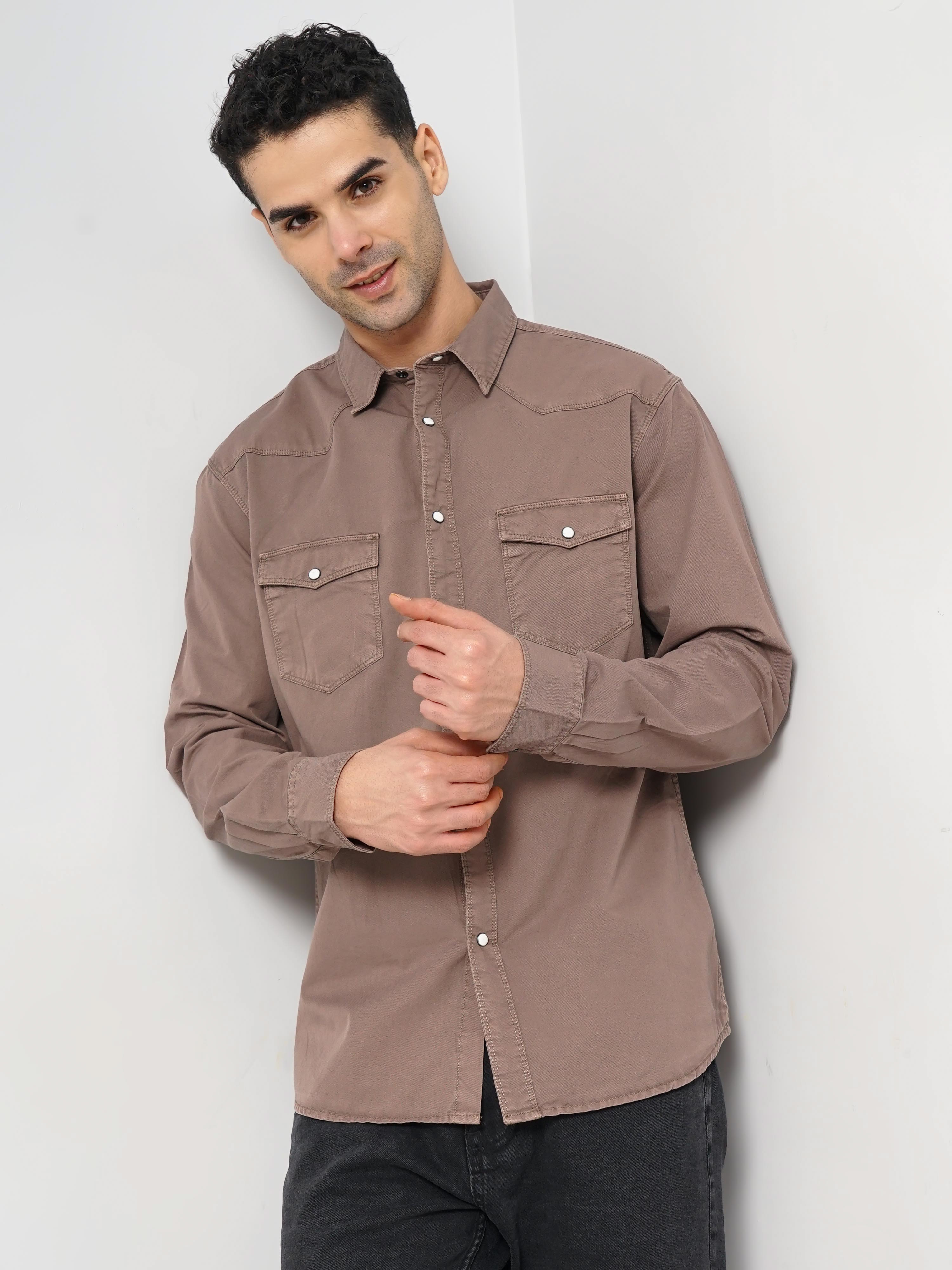 Celio Men Brown Solid Regular Fit Cotton Overdyed Twill Denim Casual Shirt