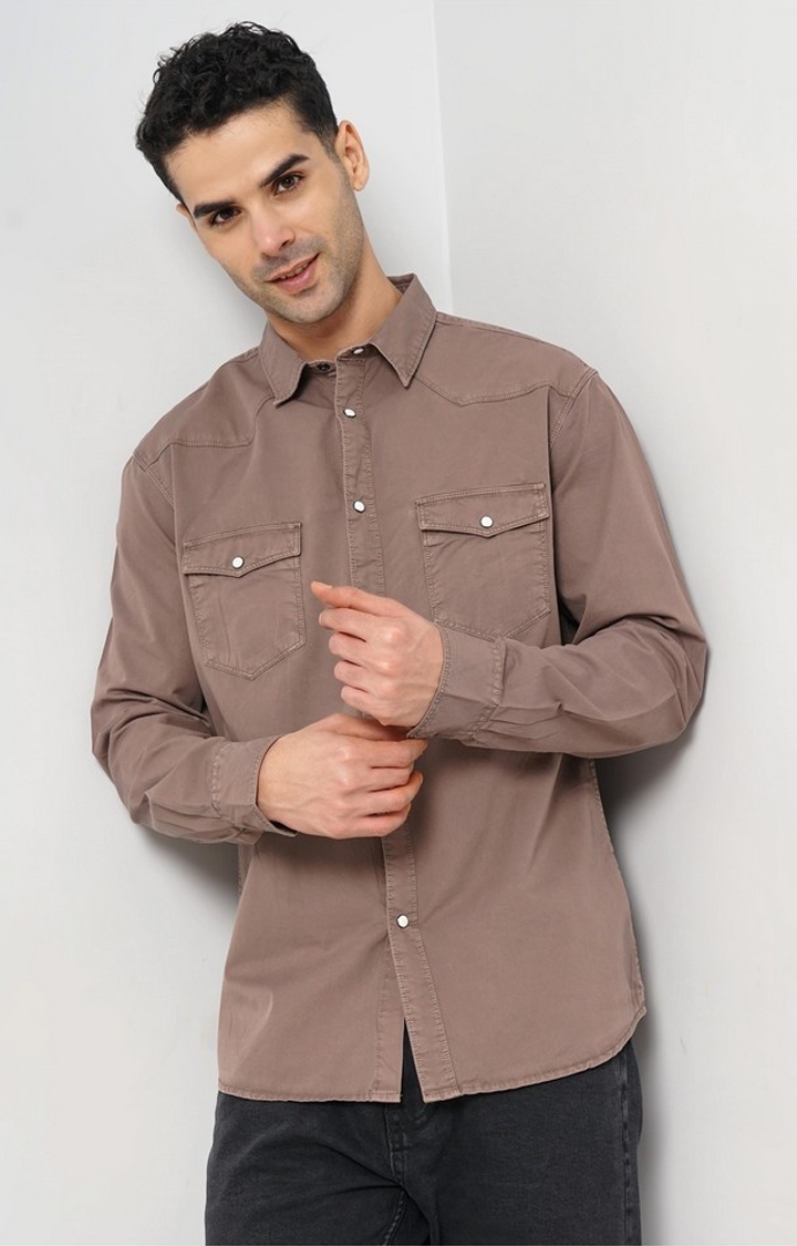 celio | Celio Men Brown Solid Regular Fit Cotton Overdyed Twill Denim Casual Shirt