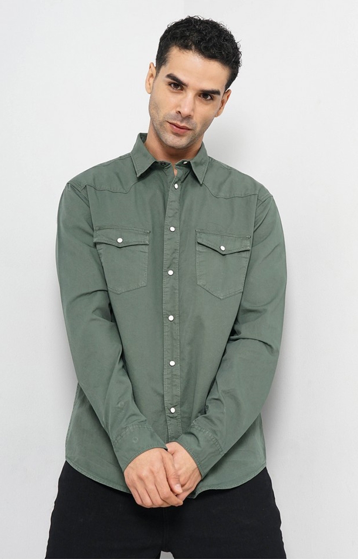 celio | Celio Men Olive Solid Regular Fit Cotton Shirt