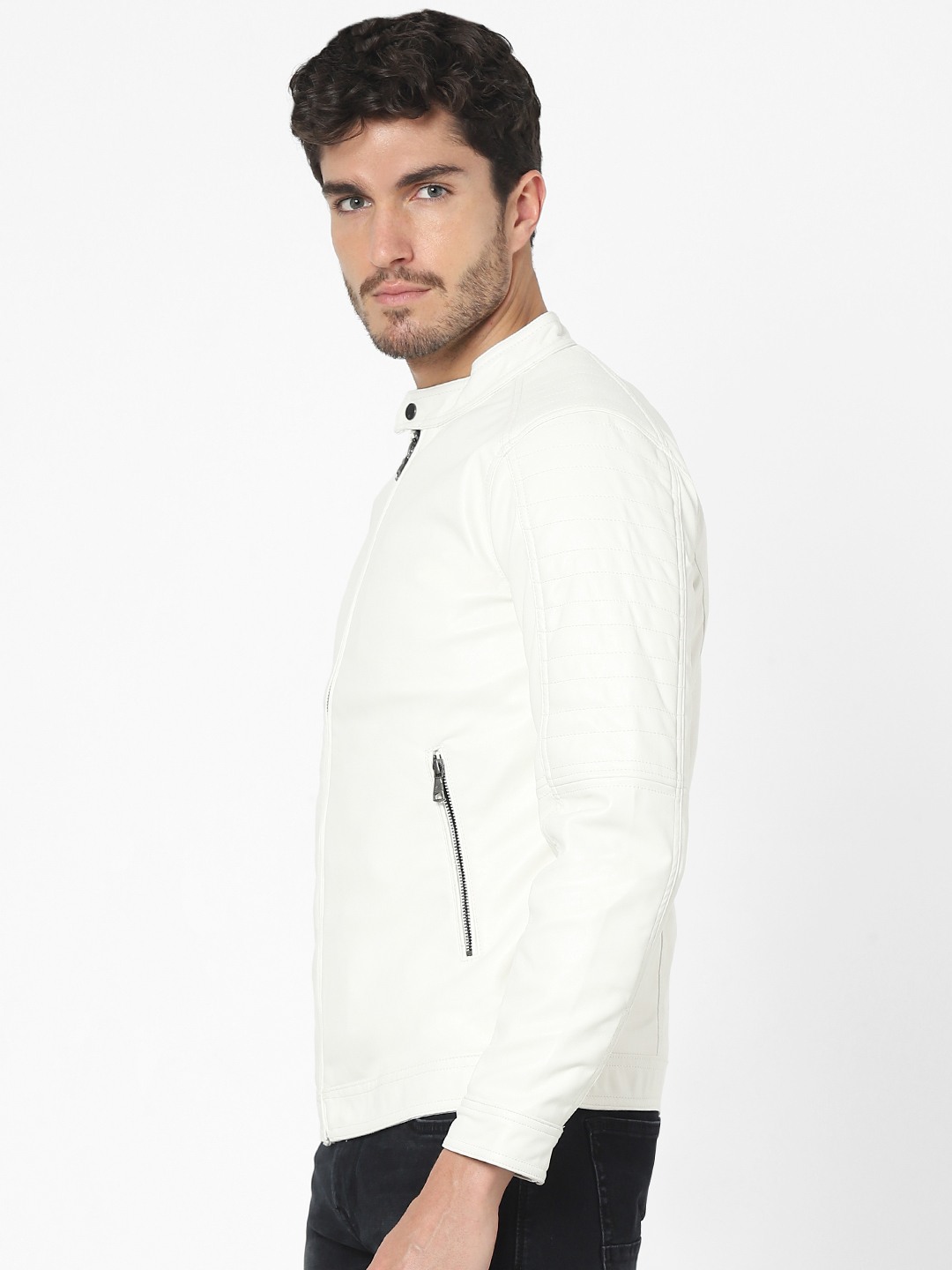 Men s White Solid Leather Jackets celio