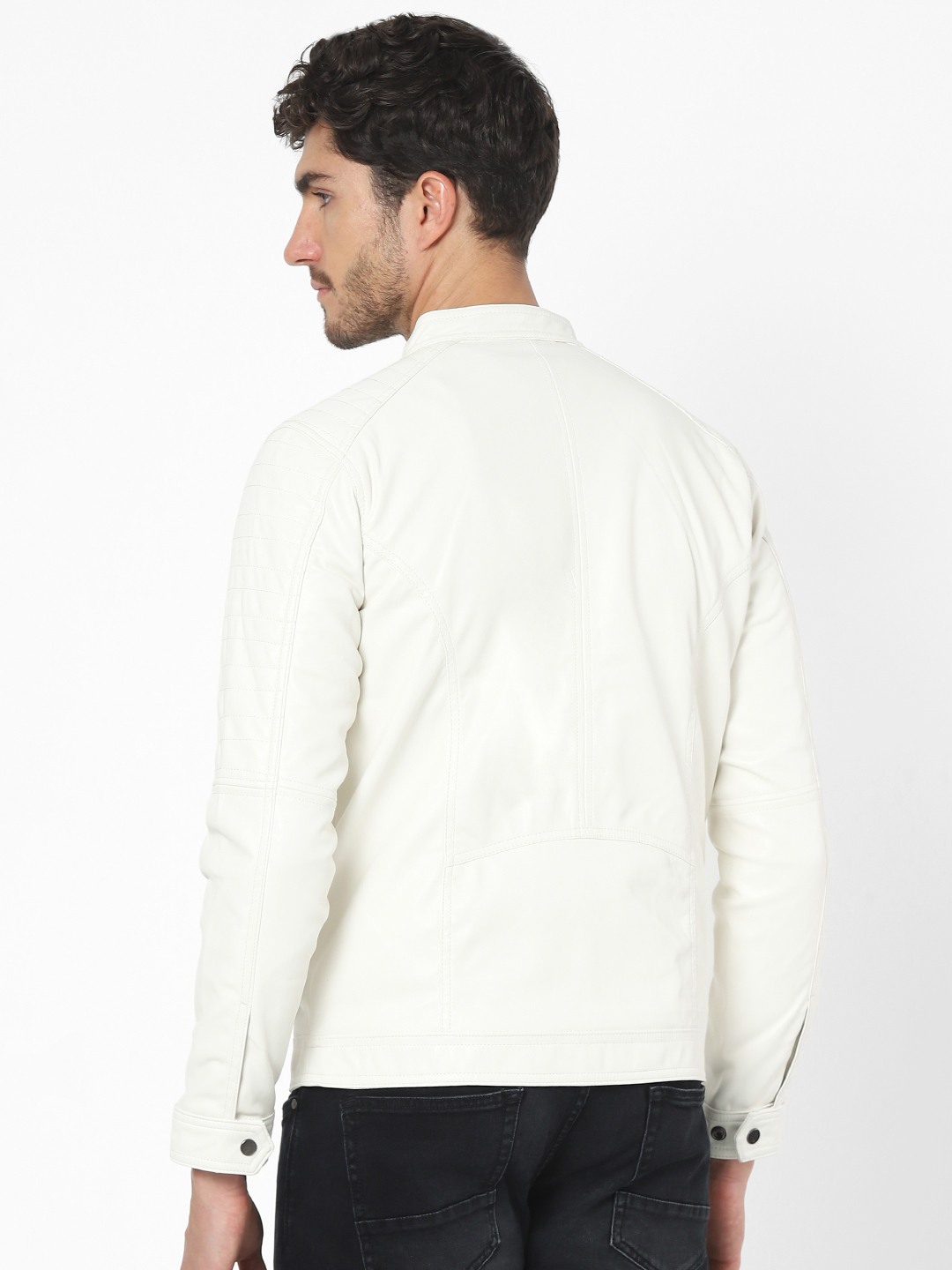 Men s White Solid Leather Jackets celio