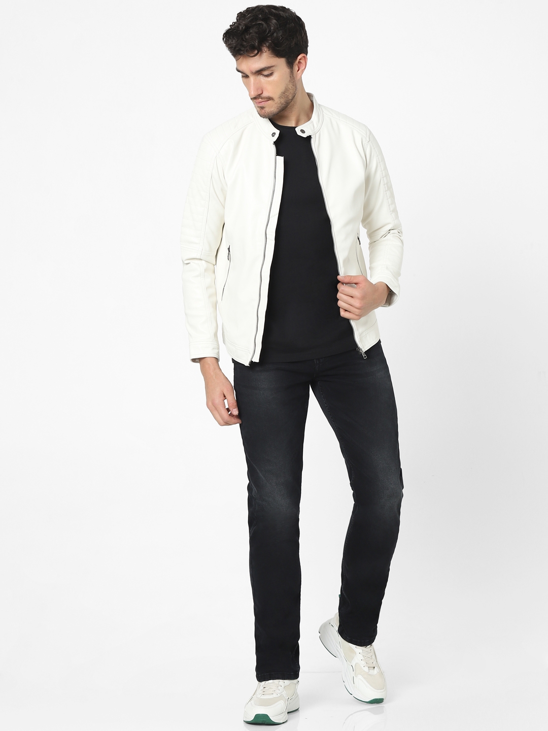 Men's White Solid Leather Jackets